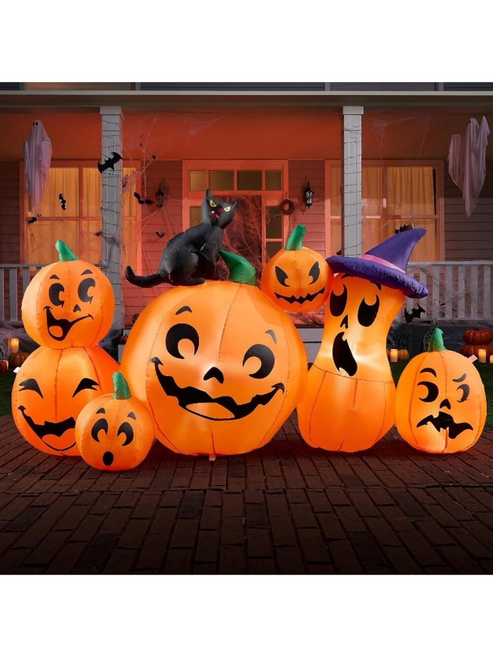 🎃 6 FT Long Halloween Inflatable 7 Pcs Pumpkin Witch's Cat Blow Up Yard Decor